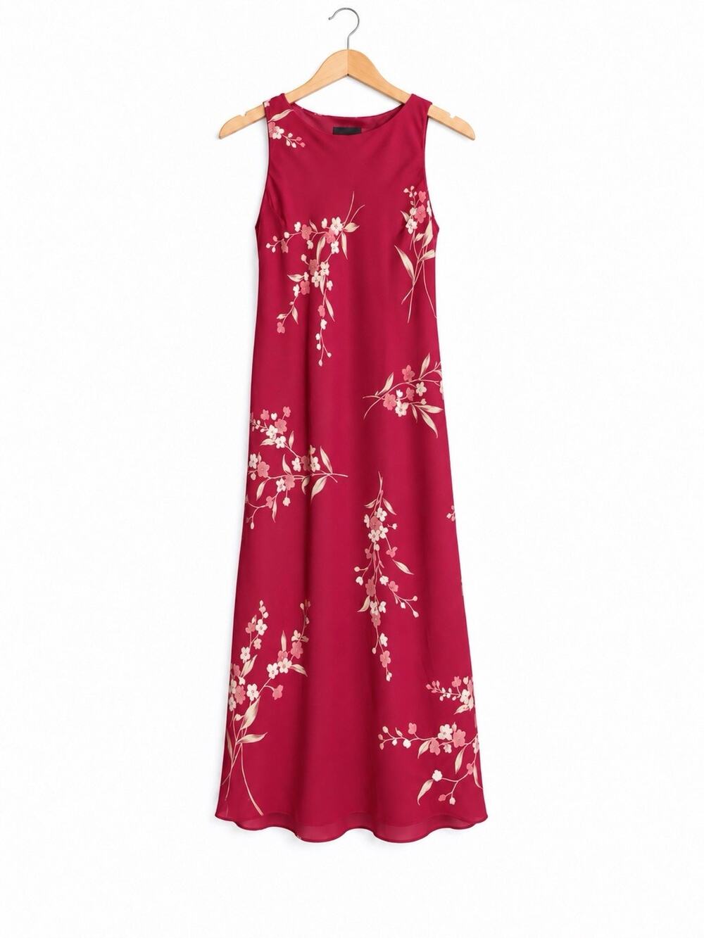 Vintage Positive Attitude Size 8 Petite Red Floral Sleeveless Maxi Dress Y2K